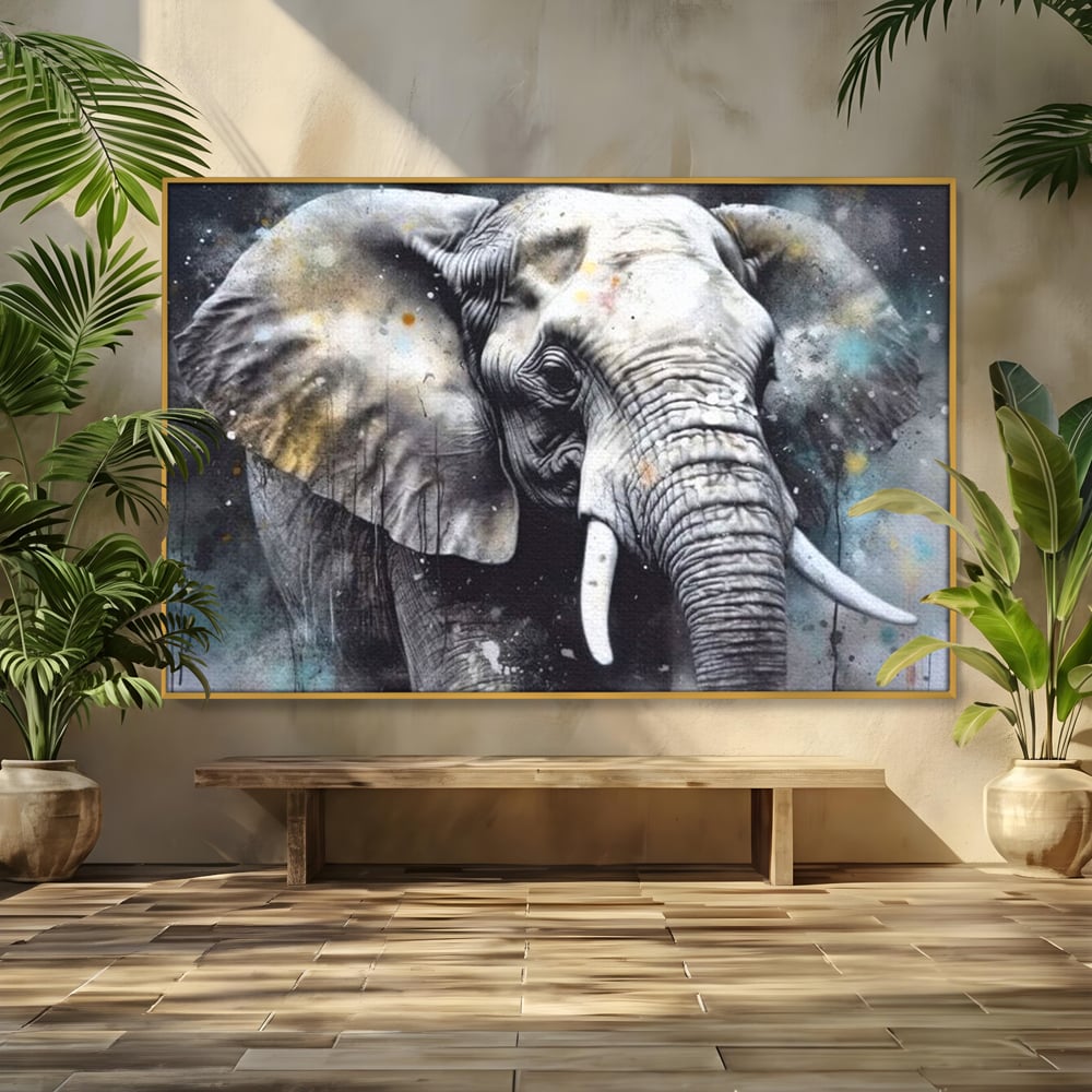 Tablou canvas cu tablou canvas cu cap de elefant, in rama de aluminiu auriu